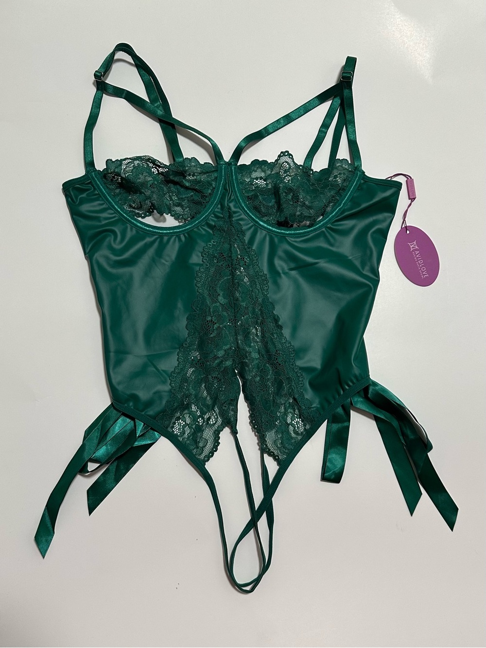 Emerald Lace-Front Satin Bodysuit with Strappy Details